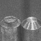 closeup photo of a mushroomed and pitted electrode tip next to a fresh electrode tip